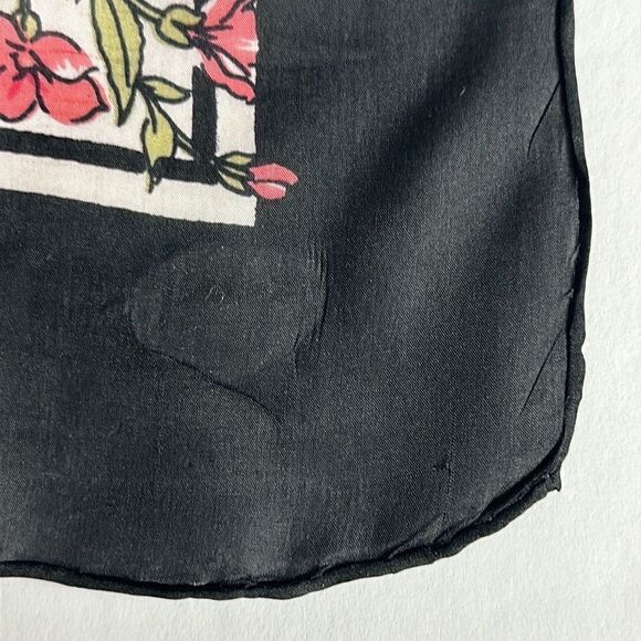 Floral Square Scarf Silky Chiffon Pink Ivory Black Trim Hand Rolled - Picture 13 of 13